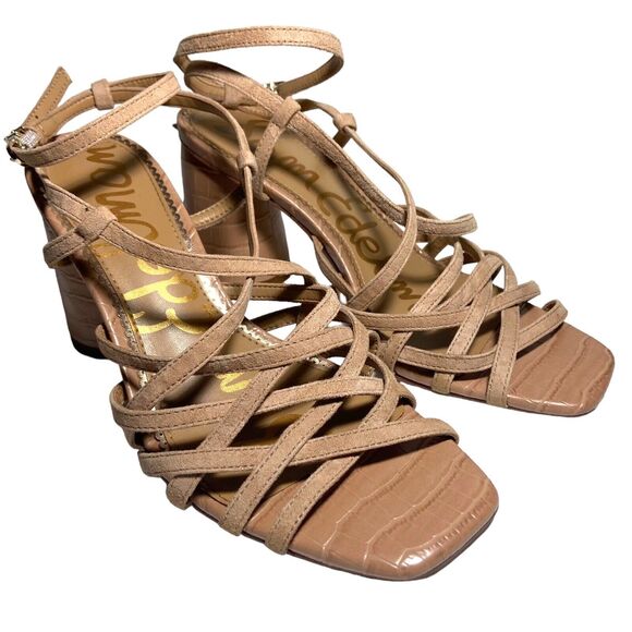 Sam Edelman Women 6.5 Tan Croco Embossed Leather & Suede Heels Strappy Sandals - Picture 1 of 12